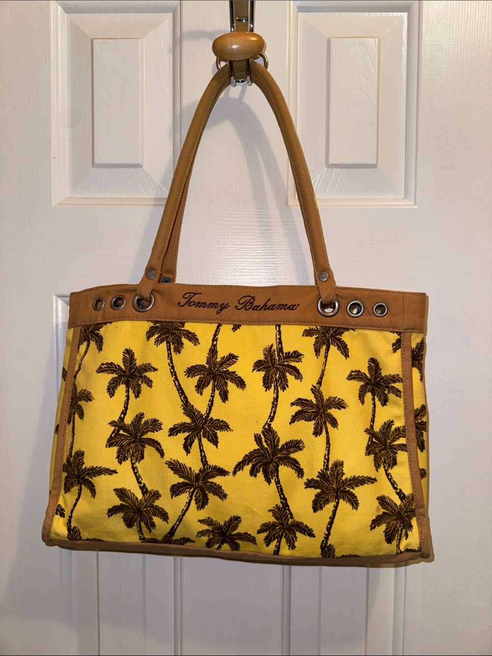 Tommy Bahama Yellow Canvas Tote with Brown Palm Print and Tan Trim